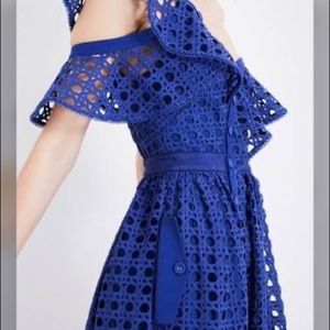 self-portrait off-the-shoulder blue guipure dress